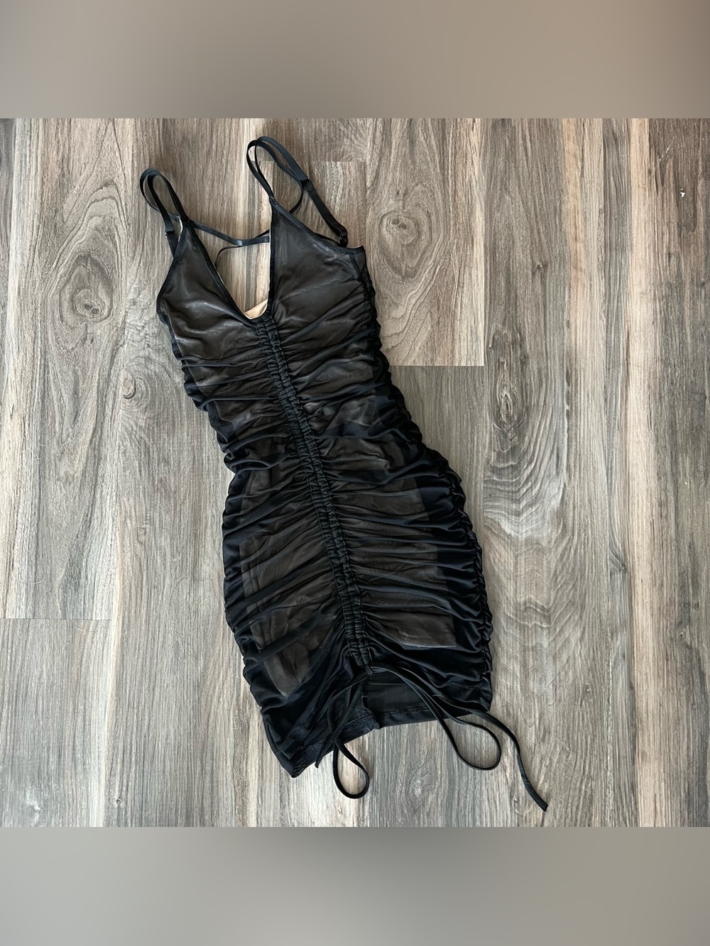 POSTER GRL Black Ruched Mesh Mini Dress with Adjustable Straps